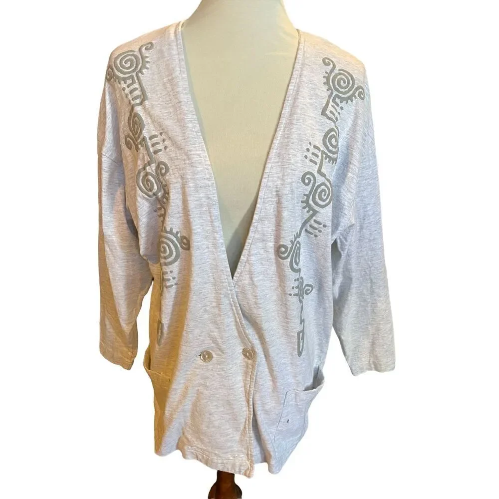 SHoK 80’s Light Gray Button Front Tribal Design Cardigan Jacket/Blazer Size XL-V